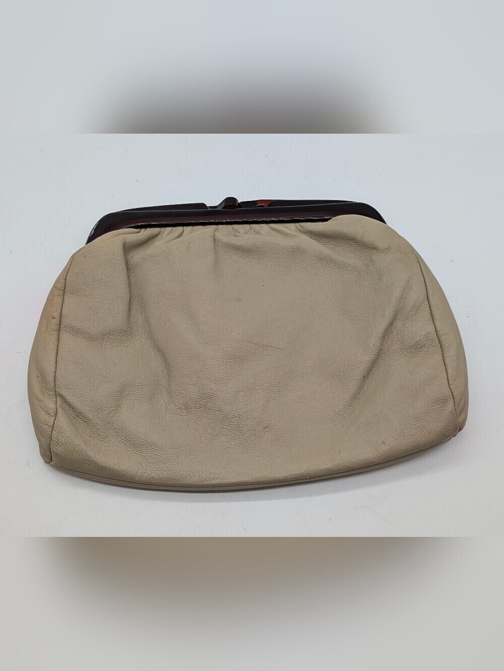 VTG Italian Taupe Leather Clutch Faux Tortoiseshell Frame
